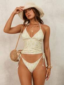 Bonvoyette Bộ bikini 2 mảnh in hoa ngọt ngào, kẻ caro vàng, thích hợp cho mùa xuân hè, đi biển, dự tiệc hoặc kỳ nghỉ. - Nhiều màu - Xem 2