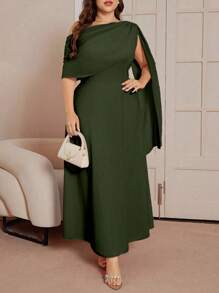 DreamSkyne 加大码纯色不对称领优雅腰部喇叭下摆夏季连衣裙