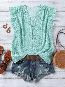 SHEIN Clasi 大码女式碎花盖袖休闲衬衫 - 薄荷綠 - 查看 1