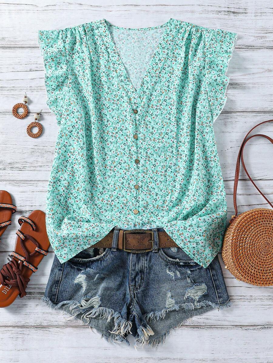 SHEIN Clasi 大码女式碎花盖袖休闲衬衫 - 薄荷綠 - 查看 1