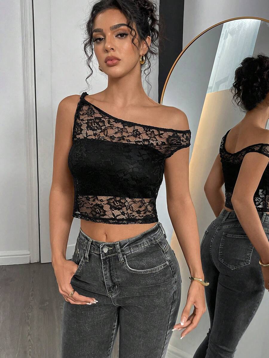 INAWLY Áo cánh thiết kế ren bất đối xứng cho nữ - màu đen - Xem 1