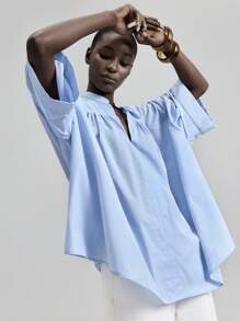 Ontre Blusa de hombro caído de unicolor simple con cuello en V para mujer, Top básica, uso casual de oficina de negocios