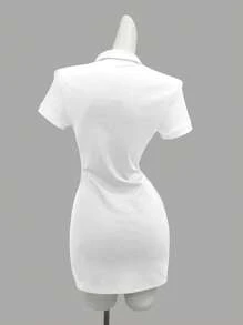 INAWLY Elegant Embroidered Casual Polo Collar Fitted T-Shirt Dress