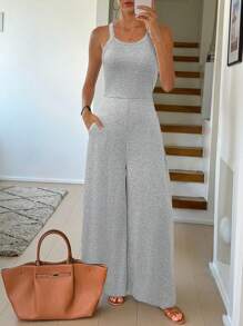 SHEIN LUNE Bộ đồ liền thân ống rộng không tay màu đen có túi dành cho nữ, trang phục mùa hè thoải mái và giản dị, chất liệu dệt kim - Xám - Xem 1