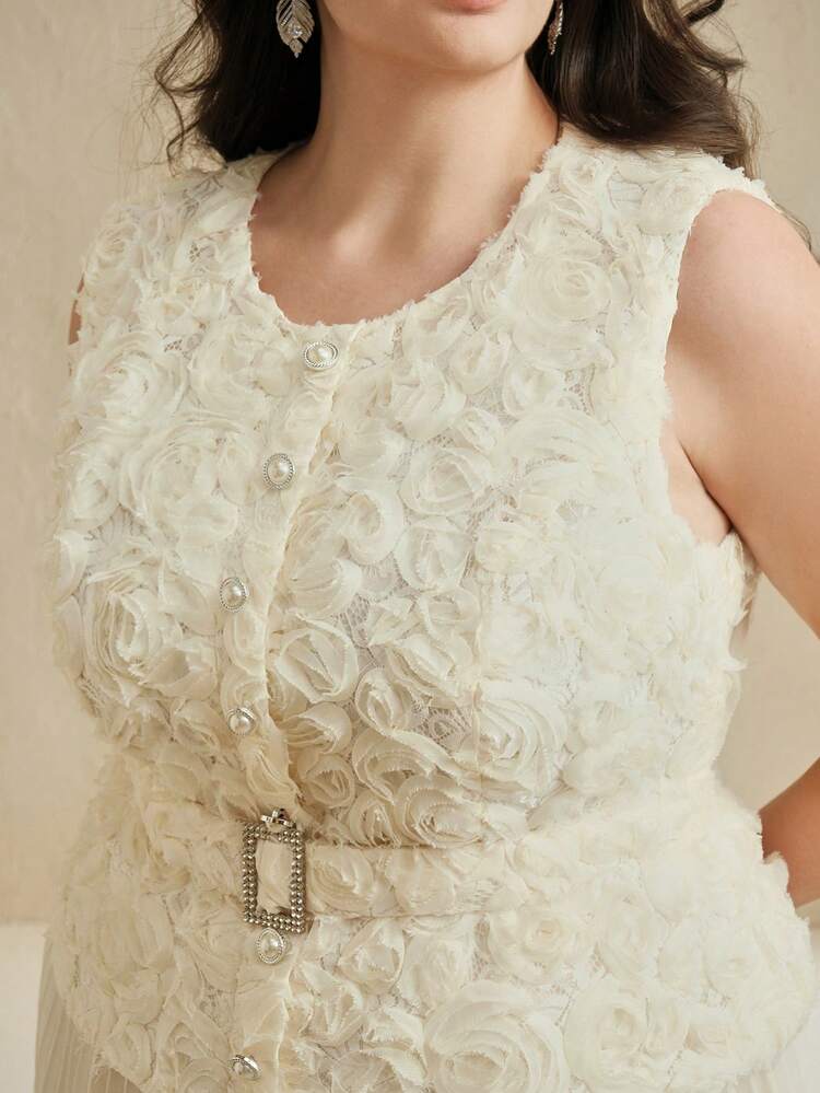 Elegant Round Neck Sleeveless Hollow Flower Patchwork Cinched Waist Waist Pleated Dress For Women