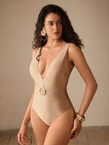 Anewsta 精致优雅成熟高端V领棕色和银线露背连体泳衣，25SS系列 - 棕色 - 查看 4