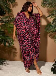 SHEIN SXY 大码女式春夏优雅性感豹纹凹纹时尚开衩前聚拢连衣裙 - 紅色 - 查看 4