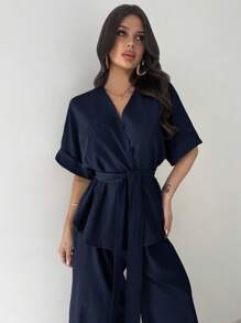 Firerie 2 件女士优雅休闲度假通勤 V 领宽松腰衬衫上衣和高腰阔腿裤套装，适合春夏秋季，休闲通勤套装，宽松套装，通勤，优雅，母亲节，教师节，工作装