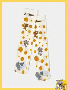 TOM & JERRY X SHEIN 1 Đôi tất dài đến bắp chân in họa tiết hoạt hình và pho mát dễ thương cho nữ - Nhiều màu - Xem 1