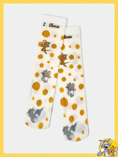 TOM & JERRY X SHEIN 1 Đôi tất dài đến bắp chân in họa tiết hoạt hình và pho mát dễ thương cho nữ
