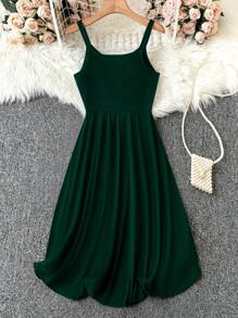 SHEIN Clasi Plus Size Women's Solid Color Ruched Casual Camisole Dress For Summer - Green - View 2
