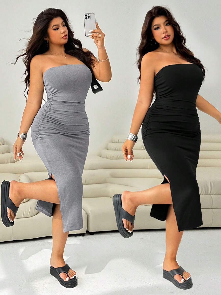 Solflare 2pcs/Set High Stretch Black + Gray Ruched Waist Slit Dress, Plus Size, Spring/Summer Rave Vacation Sexy Western - Multicolor - View 1