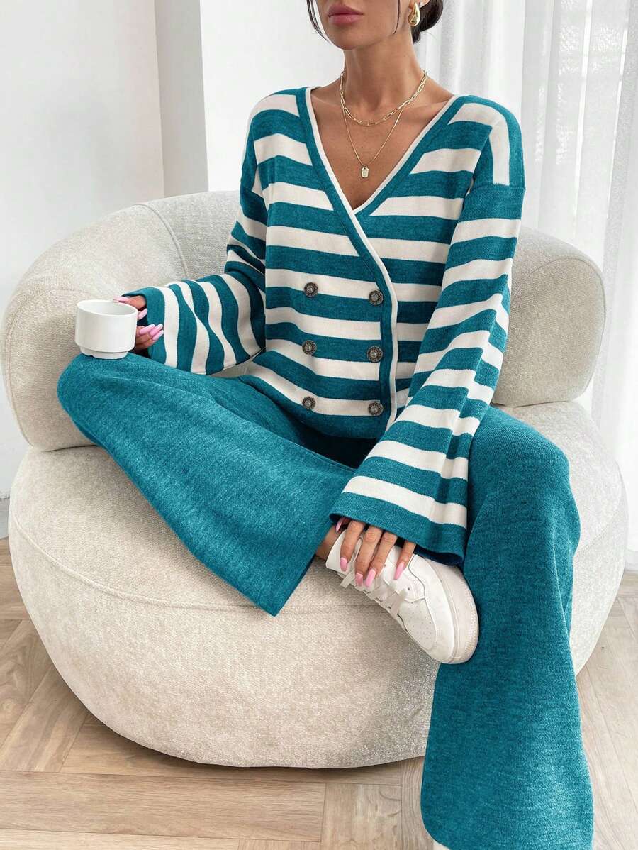 EURMUSE Women Stripe Pattern Front Button V-Neck Drop Shoulder Cardigan & Sweater Pants Set - Green - View 1