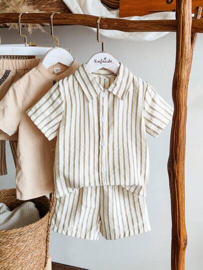 SHEIN Vintaside Kids 2pcs/Set Toddler Boys' Casual Everyday All-Match Striped Short Sleeve Shirt And Shorts Set, Spring/Summer, Age 4-7 Years