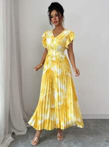 Modelyn Vestido largo con estampado floral efecto tie-dye y volantes en el bajo para mujer - Amarillo - Ver 3