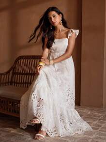 MOTF PREMIUM EYELET EMBROIDERY RUFFLE HEM DRESS - Beige - View 7