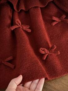 SHEIN Babygirl 撞色3D蝴蝶结装饰针织连衣裙，适合秋冬季 - 紅色 - 查看 8
