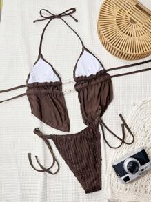 Swim SXY Bộ bikini tam giác buộc dây hở lưng bằng vải jacquard màu trơn mùa hè cho nữ, đồ đi biển gợi cảm dễ thương - Cà phê nâu - Xem 2