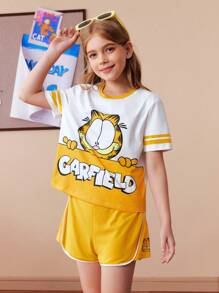 GARFIELD | SHEIN Bộ 2 áo phông sọc họa tiết hoạt hình dễ thương mùa hè cho bé gái tuổi teen và quần short, năng động - Màu vàng - Xem 4