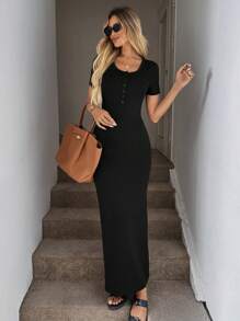 SHEIN LUNE Sexy Bodycon Black Short Sleeve Knit Dress, Figure-Flattering Midi Dresses For Women Elegant