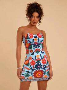 Travachic Đầm Mini Body-Con Không Dây In Hoa Văn Dệt Cho Nữ - Màu xanh nhạt - Xem 6