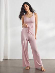 Ocili 休闲女士舒适简约无袖裤和贝壳纽扣上衣睡衣套装，淡粉色家居服假日季节服装 - 粉色 - 查看 4