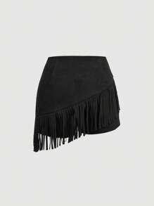 SHEIN MOD Women's 2pcs Black Suede Fringe Set, Music Festival Outfit, Western Style - Black - View 6