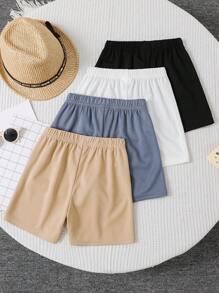 Set de 4 piezas de pantalones cortos casuales, cómodos, con estilo sencillo y práctico, suaves y cómodos con bordado y decoración en la cintura, adecuados para uso diario, la escuela, los viajes y deportes en primavera y verano, para niños jóvenes