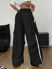 Coolane Women's Summer Streetwear Sport Basic Flap Pocket Side Drawstring Waist Parachute Grey Cargo Pants - Black - View 5