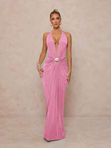 Lumalex Metallic Vacations Beach Music Festival Deep V Neck Elastic Flowy Dress For Women, Elegant & - Pink - View 3