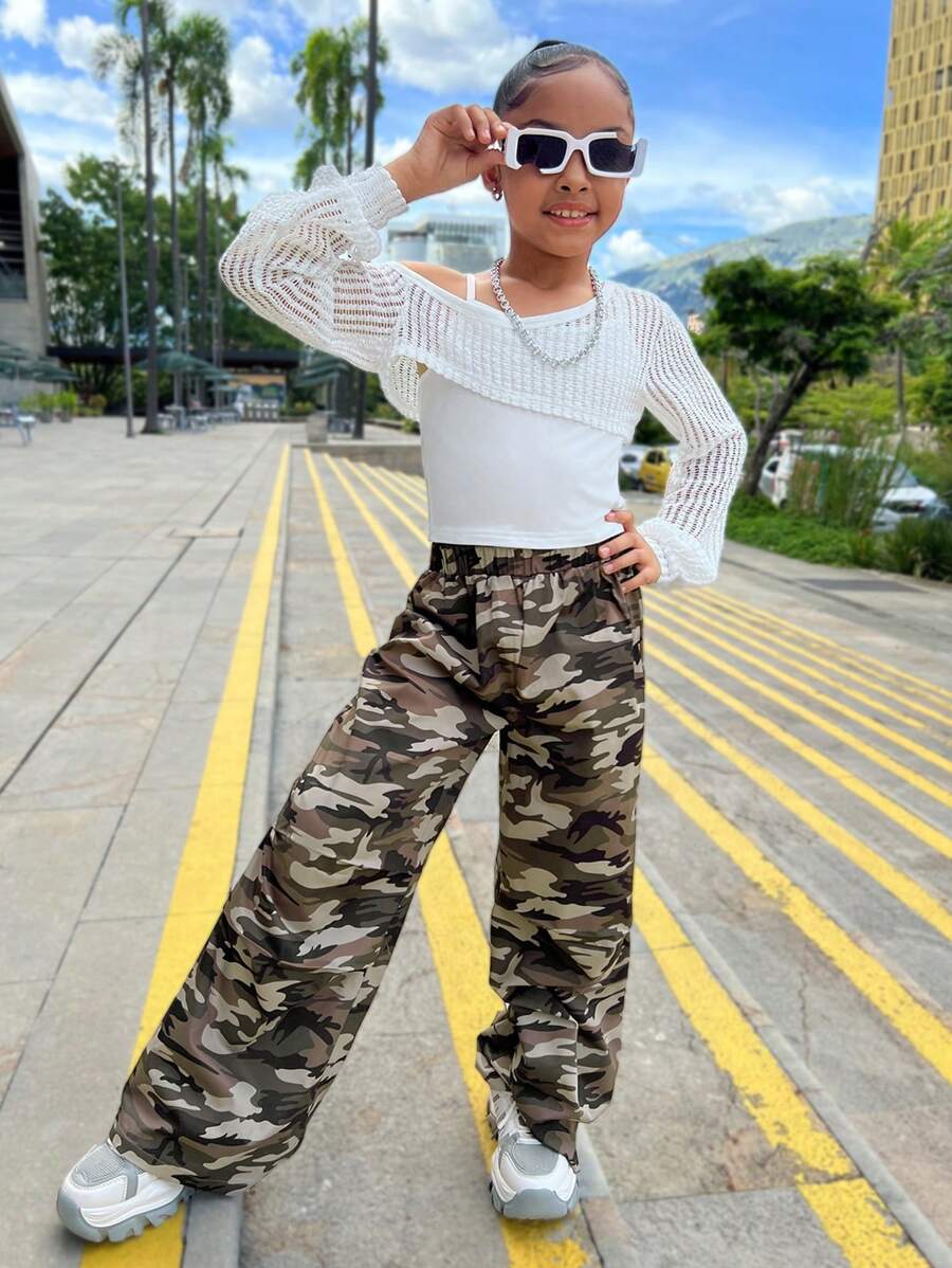 2pcs Girls Casual Tween Set, Black & Beige, Hollow Knit Short Sleeve Top, Camisole, Camouflage Cargo Pants, Streetwear Style, Matching Parent-Child, Back To School, Autumn/Winter - Multicolor - View 1