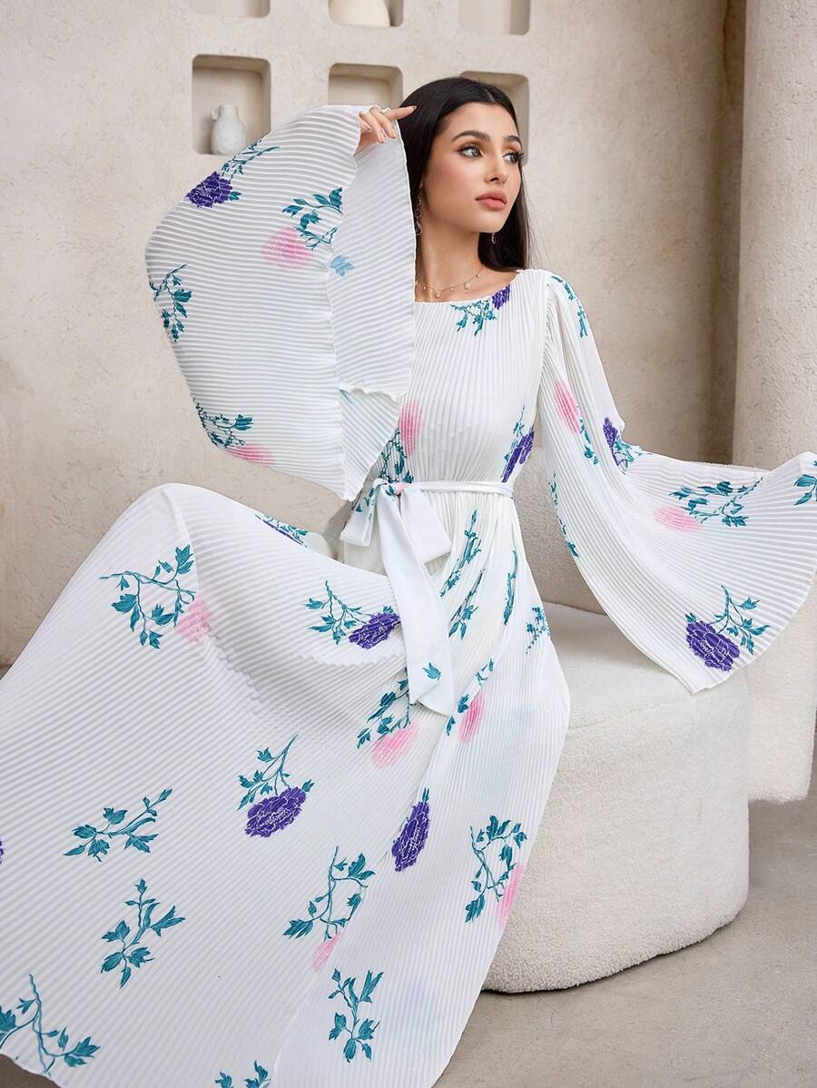 Veilorie 1pc Women's Floral Print Belted Elegant Long Sleeve Dress Occasion Dresses Tea Party Dress Birthday Women Outfits - White - View 1
