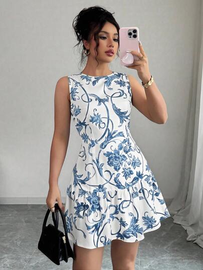 Elenzga Nuevo vestido mini con cintura con estampado floral, cuello redondo y sin mangas para mujer, primavera/verano