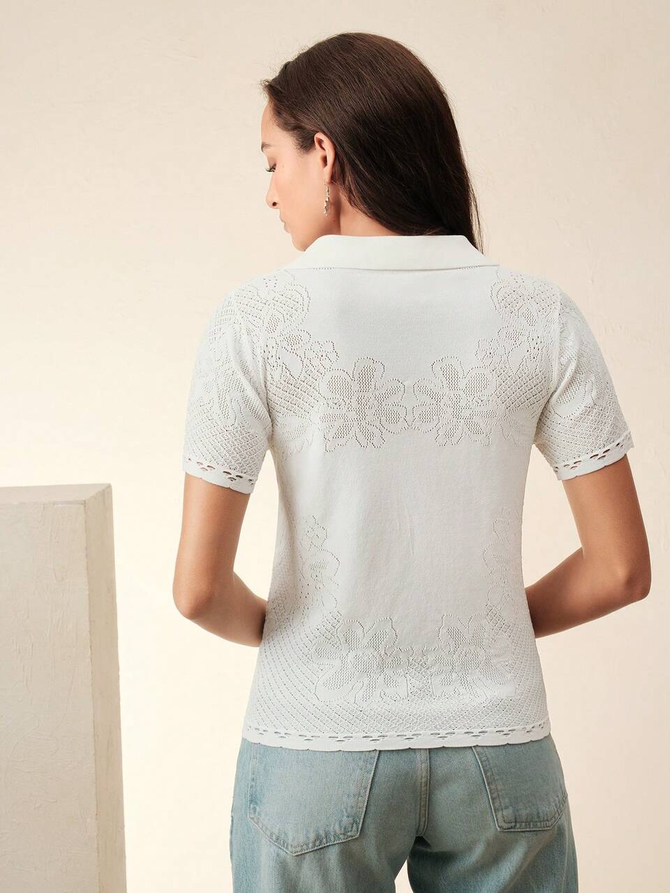 Elegant & Dignified V-Neck Floral Hollow-Out Embroidery Knitted T-Shirt Blouse, Spring & Summer