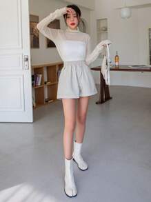 DAZY Cowl Neck Mesh Top Without Tube Top Going Out Tops Sheer Long Sleeve Women Tops,Fall Women Clothes - Beige - View 6