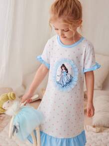 Baby Girl Blue Polka Dot Ruffle Print Princess Pattern Summer Short Sleeve Maxi Nightgown Loungewear - White - View 4