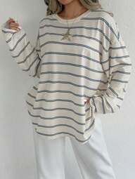 SHEIN EZwear Women's Crew Neck Long Sleeve Striped Simple Casual Blouse For Daily Wear