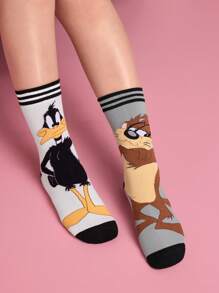 LOONEY TUNES X SHEIN 2 đôi tất dài đến bắp chân mềm mại, thoáng khí, thấm mồ hôi, họa tiết sọc hoạt hình, thời trang và dễ thương, màu xám và hồng, mũi và gót được gia cố để tăng độ bền, phù hợp cho cả nam và nữ, mọi mùa, mọi phong cách - Nhiều màu - Xem 7
