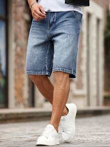 Manfinity Homme 男士纯色休闲百搭口袋牛仔短裤 - 中等水洗藍 - 查看 6