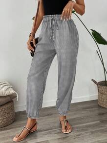 SHEIN LUNE Quần dài thường ngày in họa tiết cổ điển có cạp chun co giãn cho nữ vào kỳ nghỉ hè - Nhiều màu - Xem 3