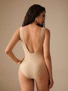 Anewsta 精致优雅成熟高端V领棕色和银线露背连体泳衣，25SS系列 - 棕色 - 查看 3