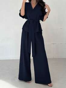 Firerie 2 件女士优雅休闲度假通勤 V 领宽松腰衬衫上衣和高腰阔腿裤套装，适合春夏秋季，休闲通勤套装，宽松套装，通勤，优雅，母亲节，教师节，工作装