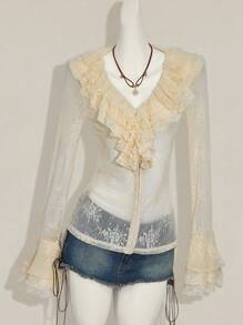SHEIN ICON Y2k Phụ nữ đi chơi mùa thu Tây Boho Sexy Hippie Beige Goth Màu trơn Tay dài ren xuyên thấu Áo cánh cổ chữ V xếp nếp - Màu be - Xem 7