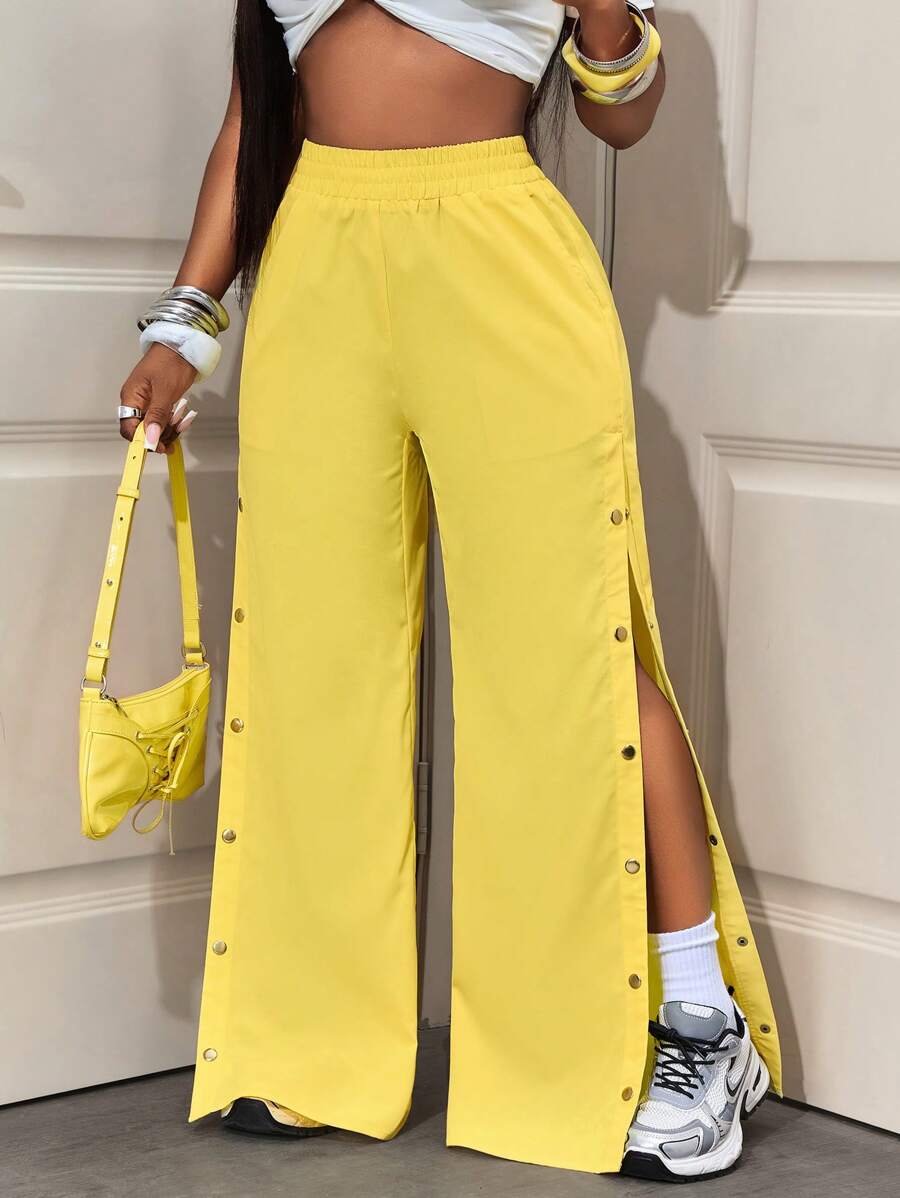 BamGleam Women's Solid Color Elastic Waist Button Design Split Wide Leg Pants Fall Cloth For Women - Yellow - View 1