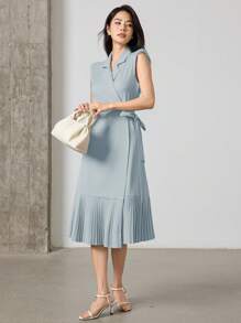 Heiryn 女士纯色褶裥交叉系带无袖中长连衣裙 - 藍色 - 查看 4