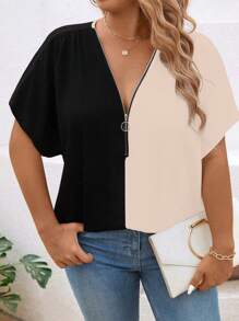 SHEIN LUNE Plus Size Women Color Block Casual Button Down Shirt - Apricot - View 1