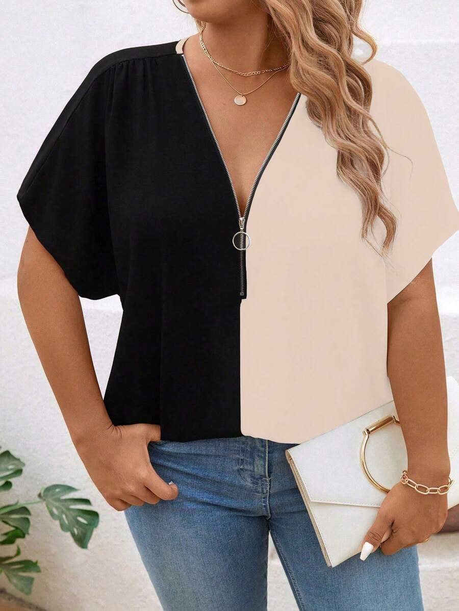 SHEIN LUNE Plus Size Women Color Block Casual Button Down Shirt - Apricot - View 1