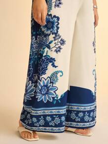 CAJUNI Plus Size Women Boho Vintage Blue Tropical Floral Print Straight Leg Casual Pants - Multicolor - View 4