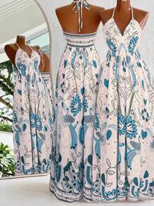 Flirla 波西米亚风印花沙滩吊带连衣裙 - 藍色 - 查看 1