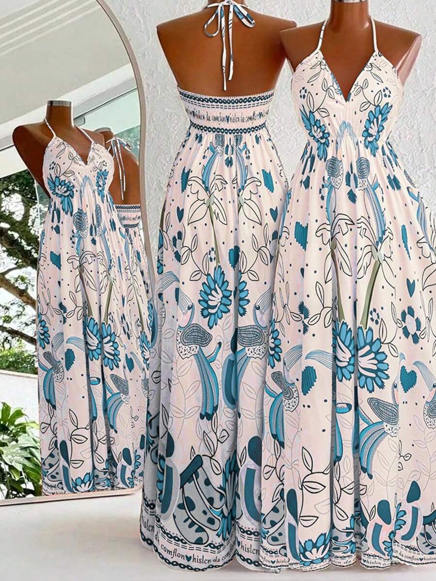 Flirla 波西米亚风印花沙滩吊带连衣裙 - 藍色 - 查看 1